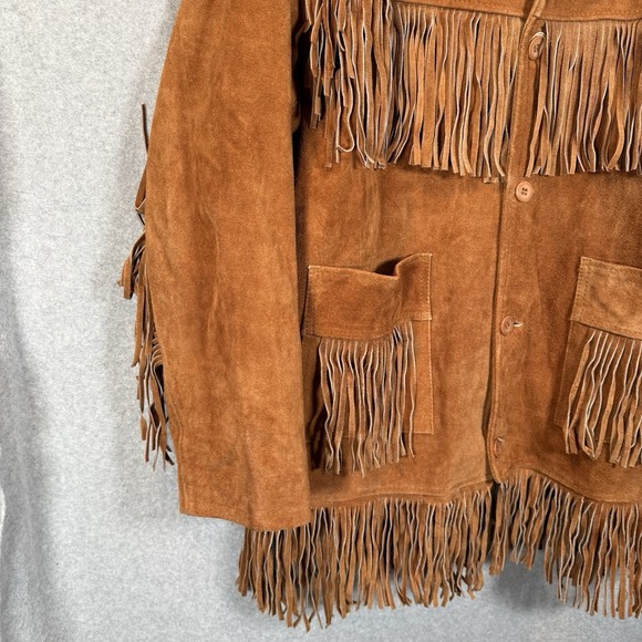 Leather Jacket Womens XL Fringe Brown Button Front Longline 70s Western - Picture 3 of 10